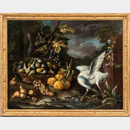Northern European School, 17th Century Style Fruit Still Life in a Landscape with a Wading Bird