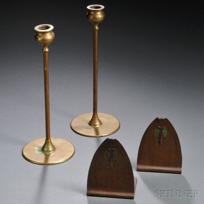 Arts & Crafts Candlesticks and a Pair of Bookends