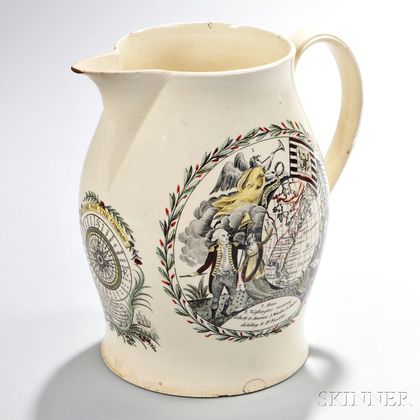 Polychrome and Transfer-decorated Liverpool Pottery Creamware Pitcher
