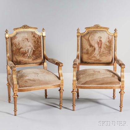 Pair of Louis XVI-style Tapestry-upholstered Giltwood Armchairs