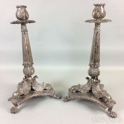 Pair of Large Silver Candlesticks with Acanthus Leaves