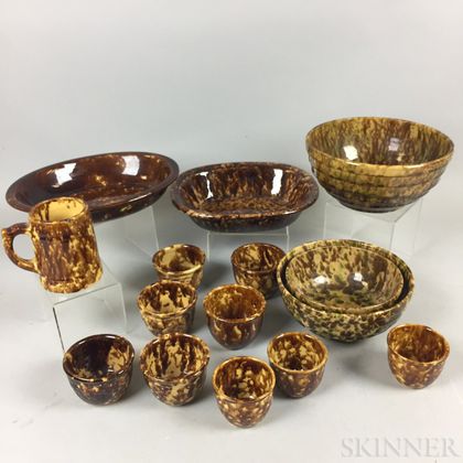 Fifteen Rockingham-glazed Pottery Items