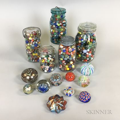 Large Group of Paperweights, Marbles, and Small Ceramic Figures