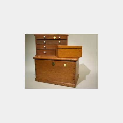Oak Document Box, Collection Box and Painters Wood Four-Drawer Cabinet. 