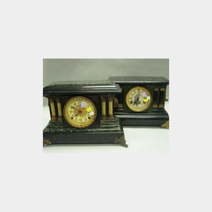 Waterbury and Seth Thomas Metal Mounted Faux Marble Mantel Clocks. 