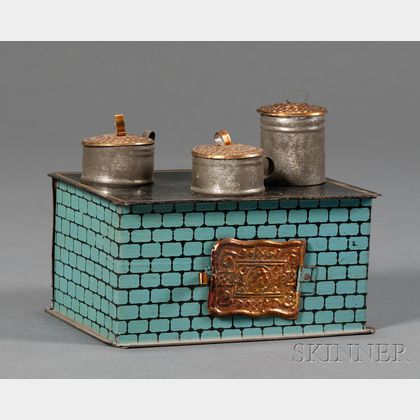 Small Lithographed Tin Cookstove and Cooking Vessels
