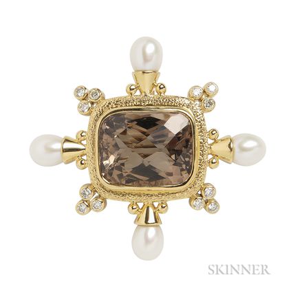 18kt Gold, Smoky Topaz, Diamond, and Cultured Pearl Pendant/Brooch