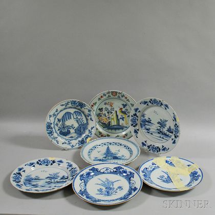 Seven Mostly Blue and White English Delft Chargers