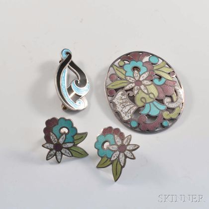 Margot de Taxco Sterling Silver and Enamel Two Brooches and Pair of Earrings