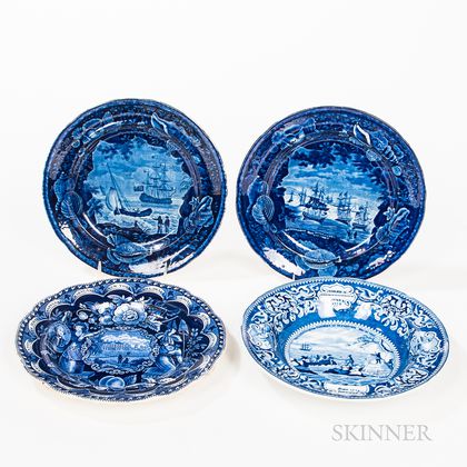 Four Staffordshire Historical Blue Transfer-decorated Plates