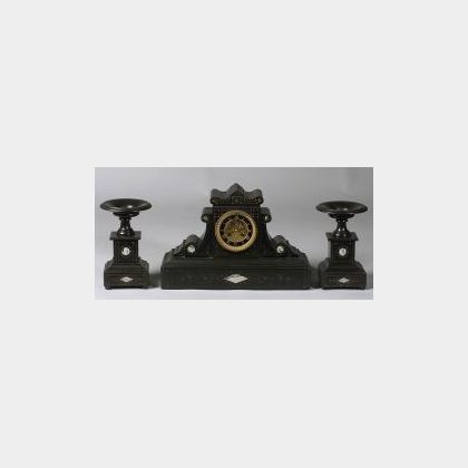 French Three Piece Black Marble Clock Garniture