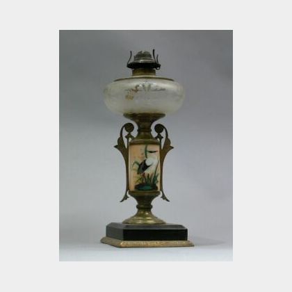 Aesthetic Movement Gilt Brass Mounted Etched Glass and Painted Porcelain Oil Table Lamp. 