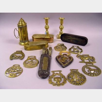 Two Brass Boxes, Ten Horse Brasses, a Pair of Brass Candlesticks, a Lantern, a Continental Brass and Metal Travel Cutlery Set, and a Pa