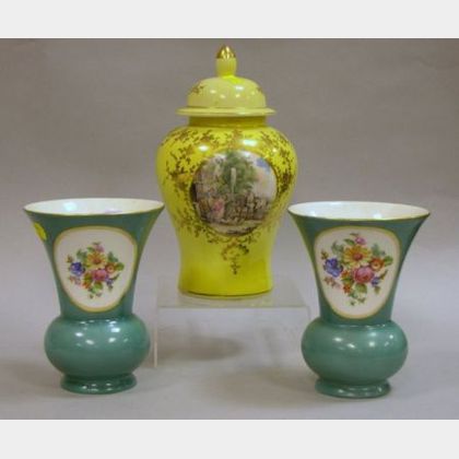 Pair of German Hand-painted Floral Decorated Porcelain Mantel Vases and a Vienna-style Decorated Covered Porcelain Jar. 