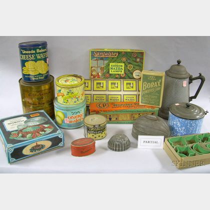 Group of Vintage Kitchen Ware, Advertising Items, and Light Bulbs