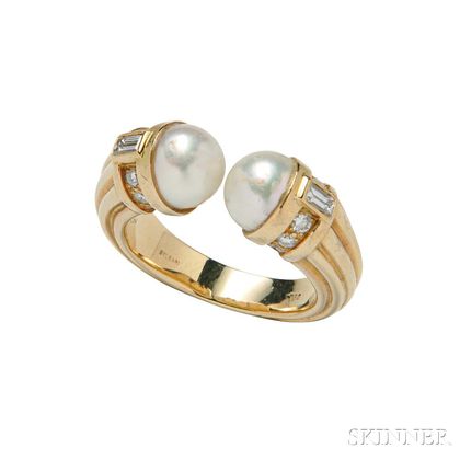 18kt Gold, Cultured Pearl, and Diamond Ring, Bulgari