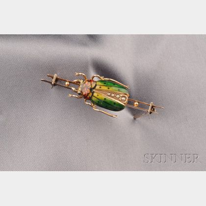 Art Nouveau Enamel and Seed Pearl Beetle Brooch