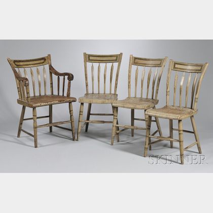 Set of Four Windsor Paint-decorated Thumb-back Arrow-back Chairs
