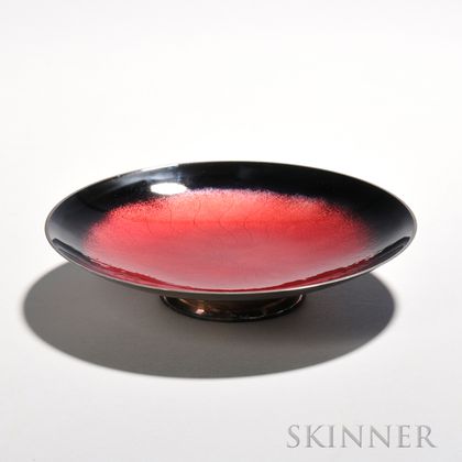 Towle Silver-plate and Enamel Tazza, mid to late 20th century, the shallow circular dish with a red-enameled surface tapering to a dark