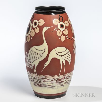 Boch Freres Keramis Vase with Cranes