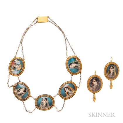 Antique Gold and Miniature Portrait Necklace and Earrings