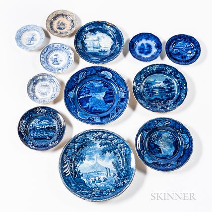 Eleven Small Blue Transfer-decorated Staffordshire Plates