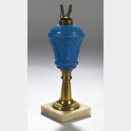 Starch Blue Pressed Glass Brass and Marble Fluid Lamp