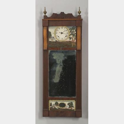 Federal Mahogany and Tiger and Bird&#39;s-eye Maple Veneer Long Wall Mirror Clock