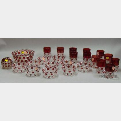 Twenty-four Pieces of Ruby Flash and Colorless Block Pattern Glass Tableware