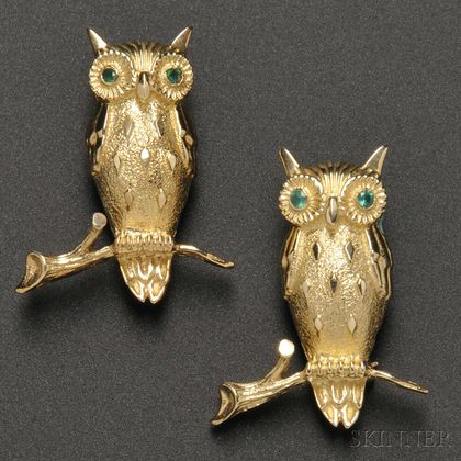 Pair of 14kt Gold Gem-set Owl Brooches