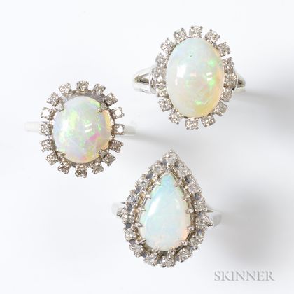 Three 14kt White Gold, Opal, and Diamond Rings
