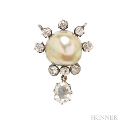 Antique Natural Pearl and Diamond Pendant