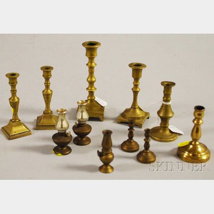 Eight Miniature Brass Candlesticks and Three Miniature Metal Kerosene Lamp-form Taper Holders