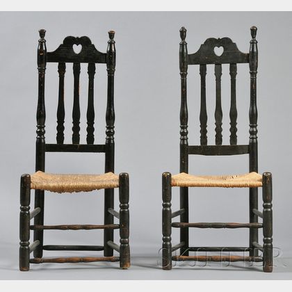 Near Pair of Black-painted Heart and Crown Side Chairs