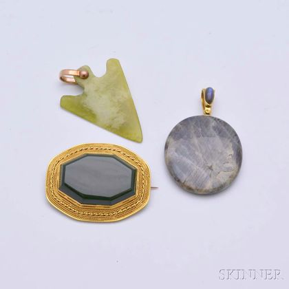 14kt Gold and Green Hardstone Brooch and Two Pendants