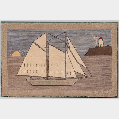 Grenfell-style Sailing Vessel and Lighthouse Hooked Mat