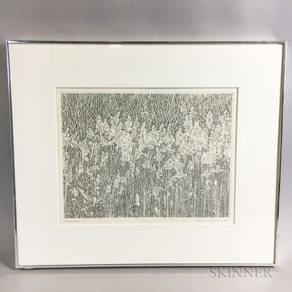Framed Richard Ziemann Stipple Engraving Wetland Grasses 