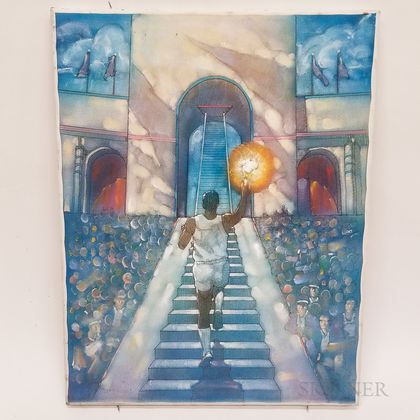 Oil on Canvas of the 1984 Los Angeles Olympics Torch Lighting