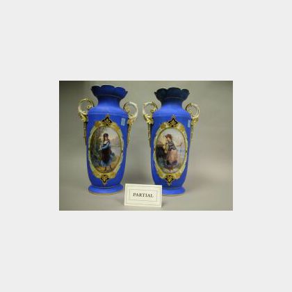 French Patinated White Metal Figural Mantel Clock and a Pair of Paris Porcelain Portrait Decorated Vases. 