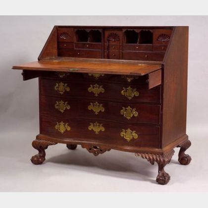 Chippendale Mahogany Carved and Mahogany Veneer Slant-lid Oxbow Serpentine Desk