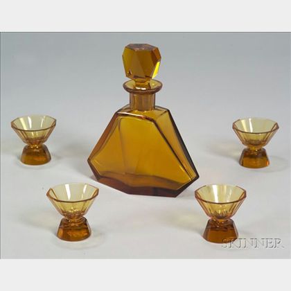 Czech Art Deco Glass Decanter and Four Cordials