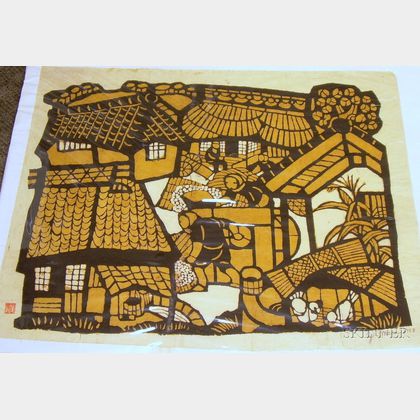 Unframed Woodblock Print of Village Scene by Yoshitoshi Mori (Japanese, 1898-1992)