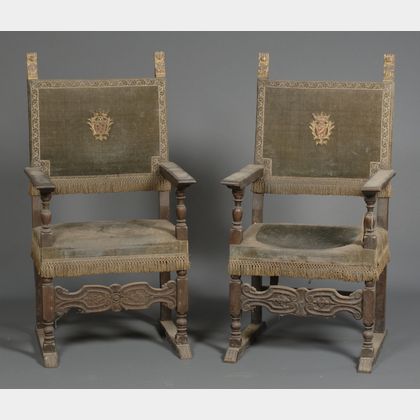 Pair of Continental Baroque Walnut and Metallic Thread Upholstered "Great Chairs"