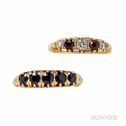 18kt Gold, Ruby, and Diamond Ring and 14kt Gold and Sapphire Ring