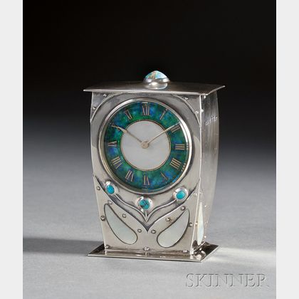 Liberty & Company "Cymric" Sterling, Enamel, and Mother-of-Pearl Boudoir Timepiece