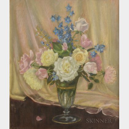 Mae Bennett Brown (American, 1887-1973) Floral Still Life with Roses and Delphinium