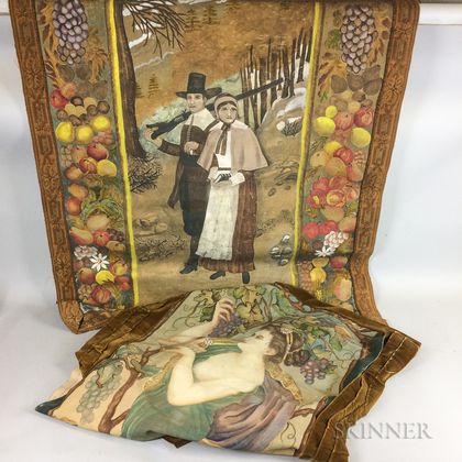 Two Figurative Paintings on Fabric: Pilgrim Couple in a Painted Frame of Harvest Fruits and Vegetables