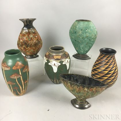 Three Eric Olson Common Ground Pottery Vases and Three Gary DiPasquale Pottery Vases