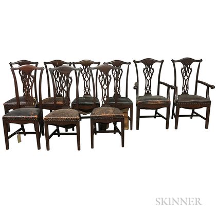 Set of Nine Chippendale-style Leather-upholstered Mahogany Dining Chairs