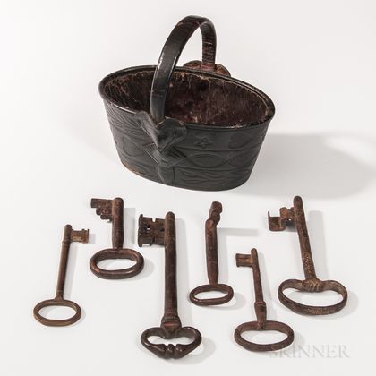 Tooled Leather Key Basket with Six Keys